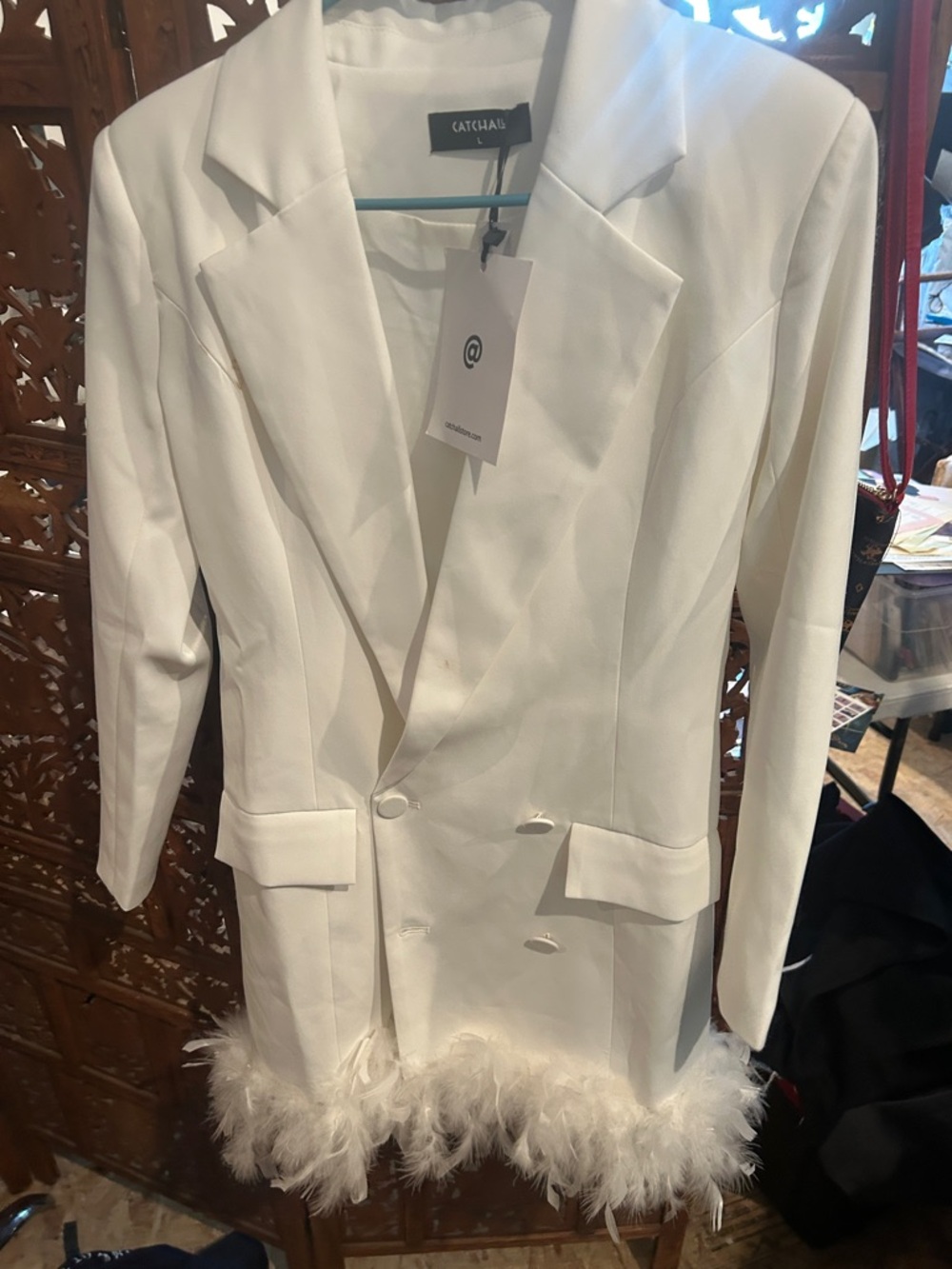 Catchall White Feather-Trim Blazer Jacket
